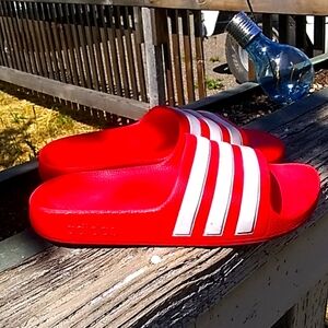 Red and white boys Adidas slides